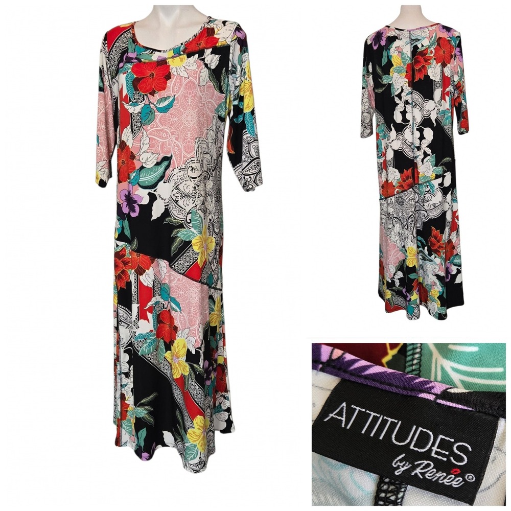 Attitudes by Renee Floral Paisley Maxi Dress Multicolor 3/4 Sleeve 1XP A607262